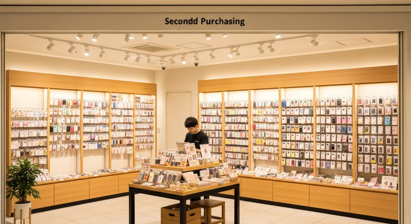 明るい照明の下で整えられた買取専門店のカウンターと店内