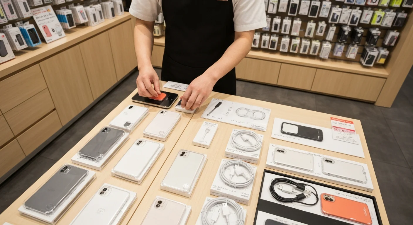 スマートフォンケースを手に取り質感や色を確かめる売場スタッフの手元