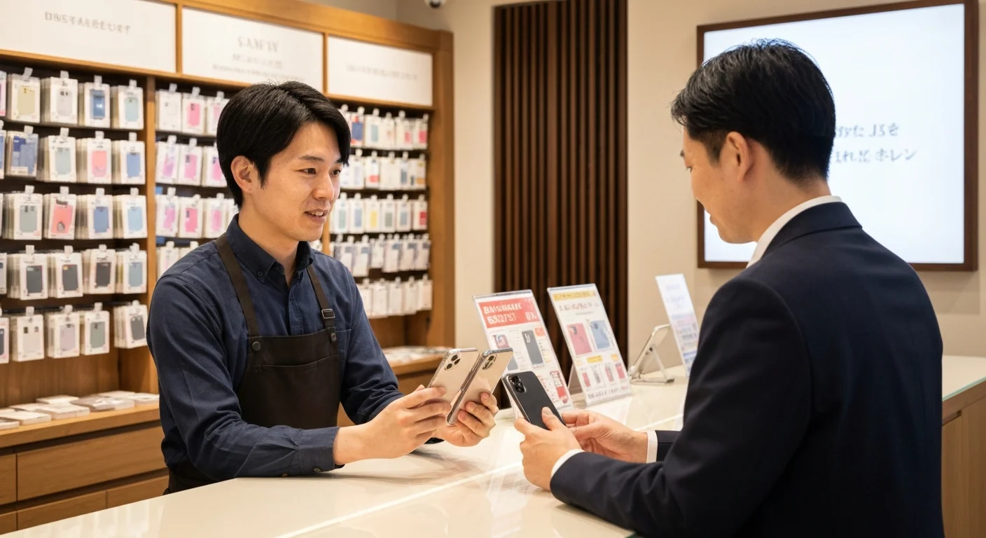 カウンター越しに品物を確認する店舗スタッフの手元